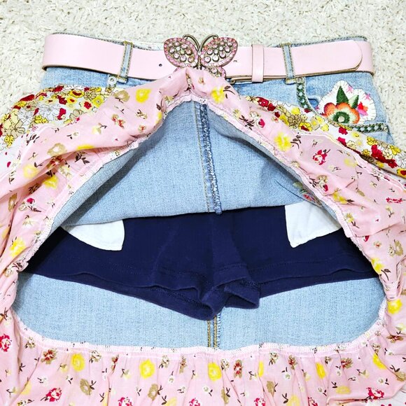 Skirt. Denim Pink Yellow Multi Tiered Floral Pattern. Upcycled Girls Size 10 GUC - Picture 11 of 16